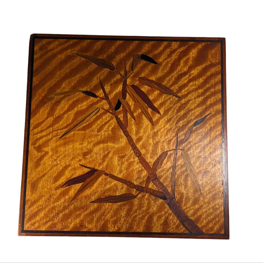 Reed & Barton Hand Crafted Tiger Wood Chest Bamboo Asian Inlay Vintage 11x11x5